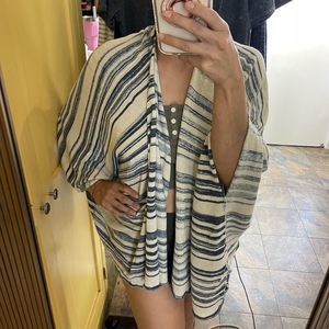 Chaser Linen Kimono One Size Blue White Flowy Boho‎